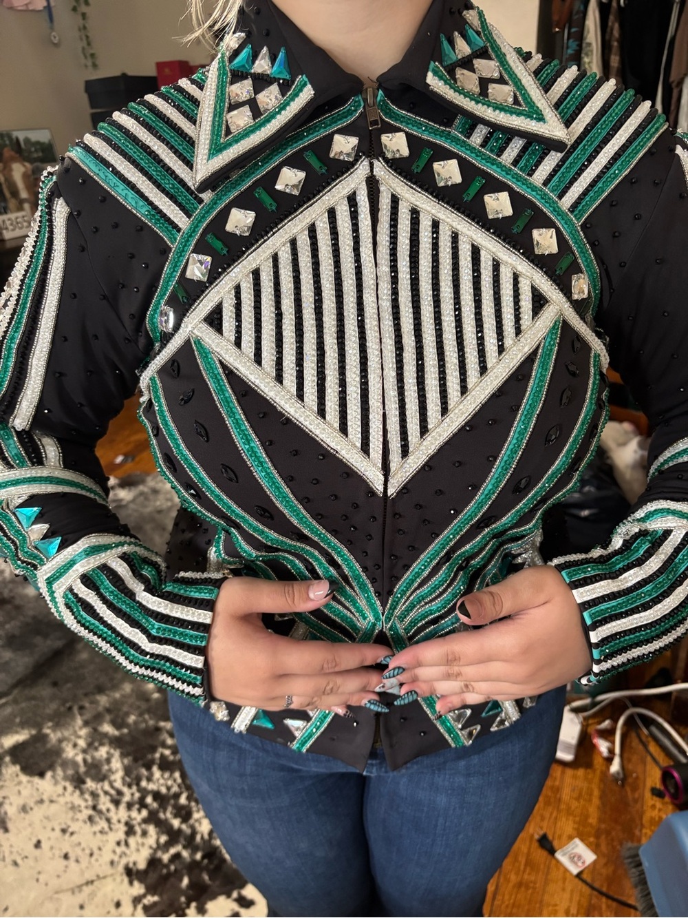 Embellished Black and Green Women's horse show Jacket